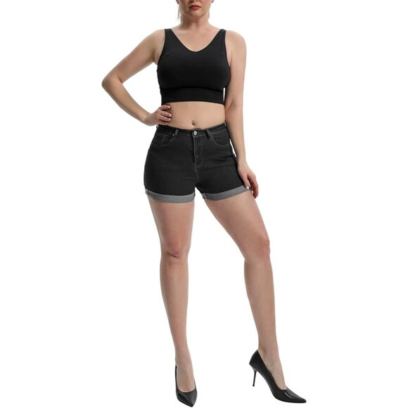 Grey High Waisted Summer Elastic Folded Hot Denim Hem Shorts for Women - Picture 3 of 5